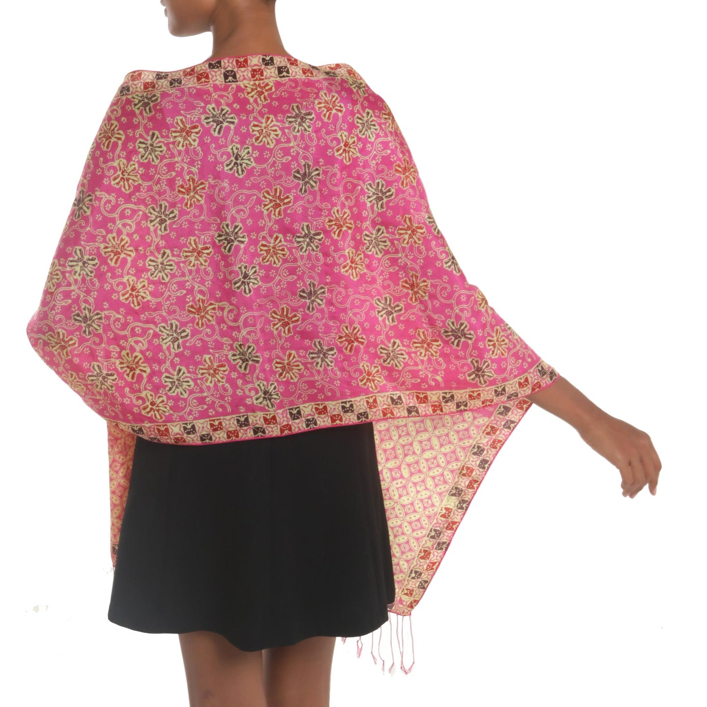 Kawung Azaleas in Fuchsia Batik Silk Shawl with Fuchsia Floral Motifs from Bali