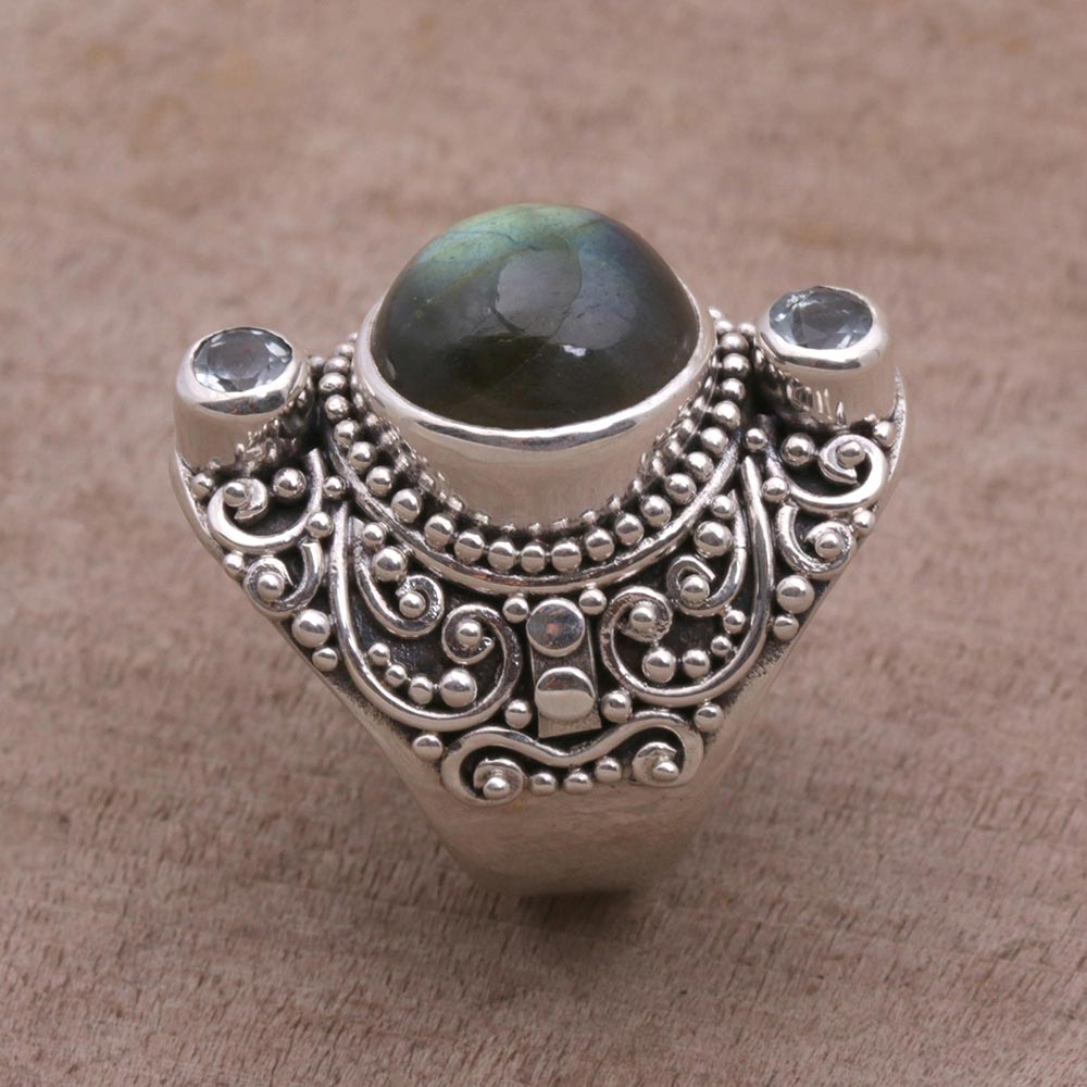 Beguiling Soul Labradorite and Blue Topaz Cocktail Ring from Bali