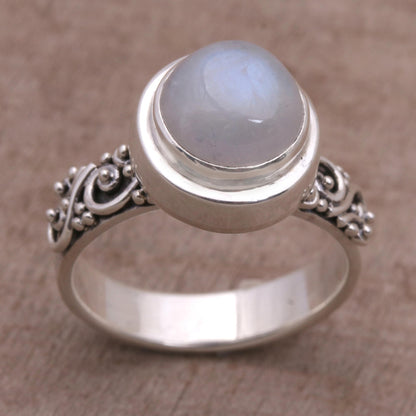 Translucent Forest Rainbow Moonstone and Sterling Silver Ring from Bali