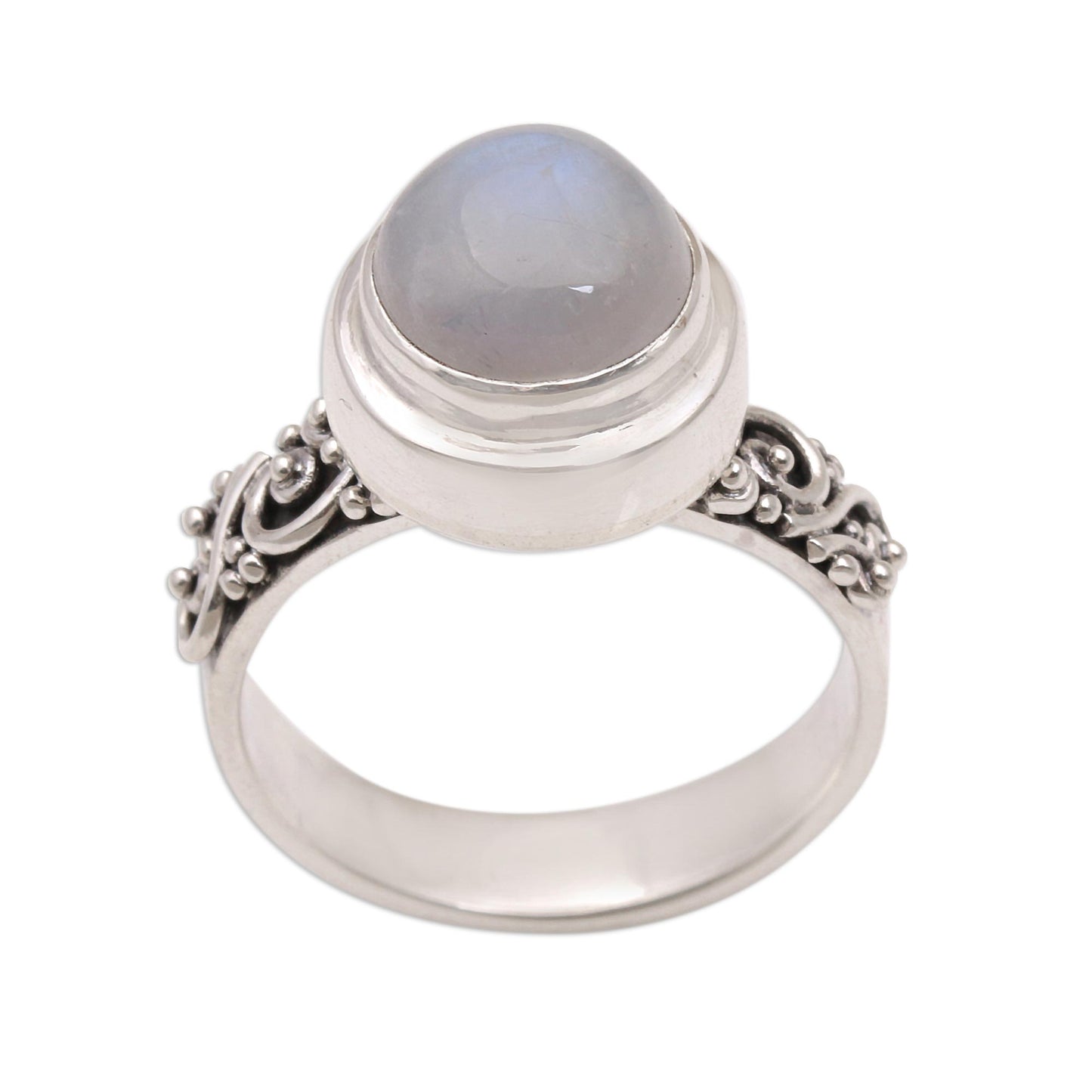 Translucent Forest Rainbow Moonstone and Sterling Silver Ring from Bali