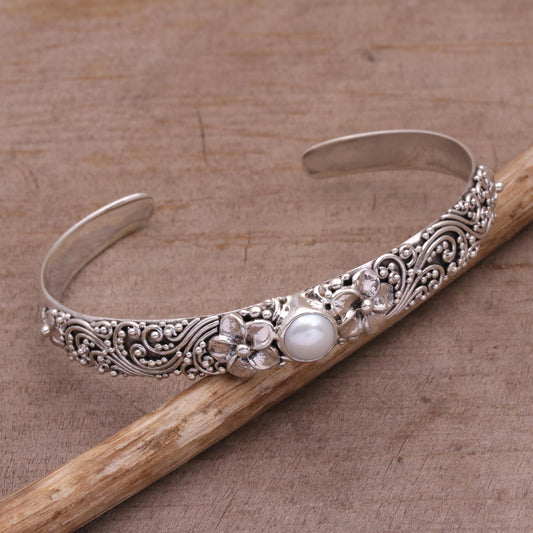 Swirling Jepun Cultured Pearl and 925 Silver Floral Cuff Bracelet from Bali