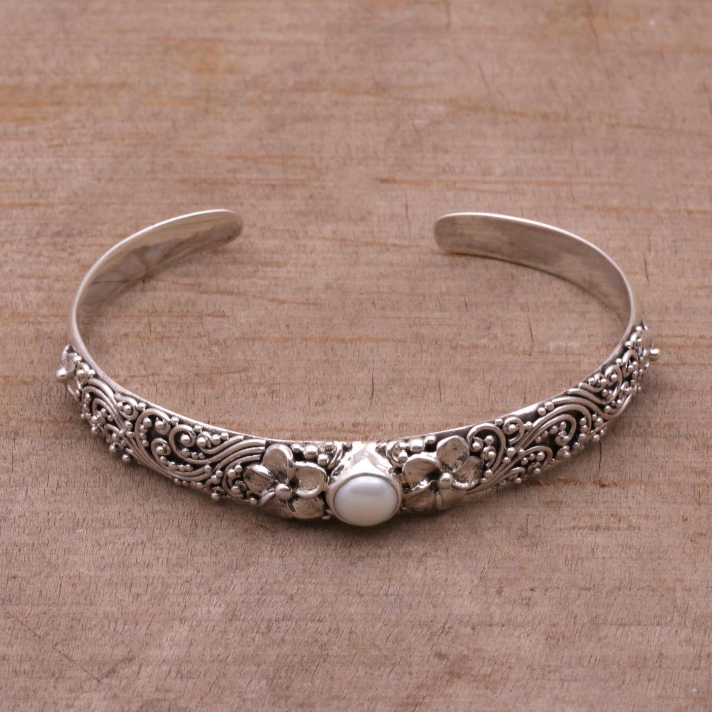 Swirling Jepun Cultured Pearl and 925 Silver Floral Cuff Bracelet from Bali