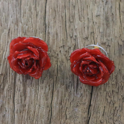 Flowering Passion in Red Stainless Resin Flower Earrings