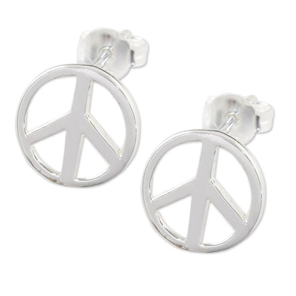 Sign of Peace Handcrafted Sterling Silver Stud Earrings with Peace Sign