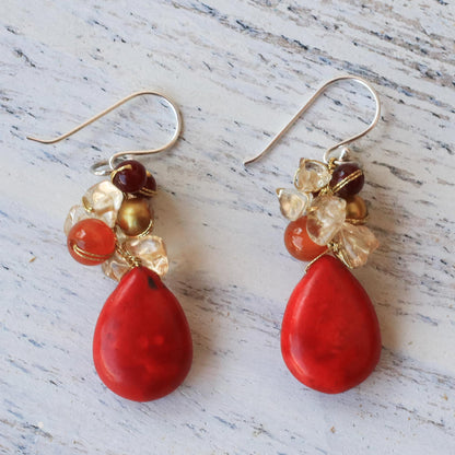 Camellia Drops Multi-Gemstone Red Calcite Dangle Earrings from Thailand