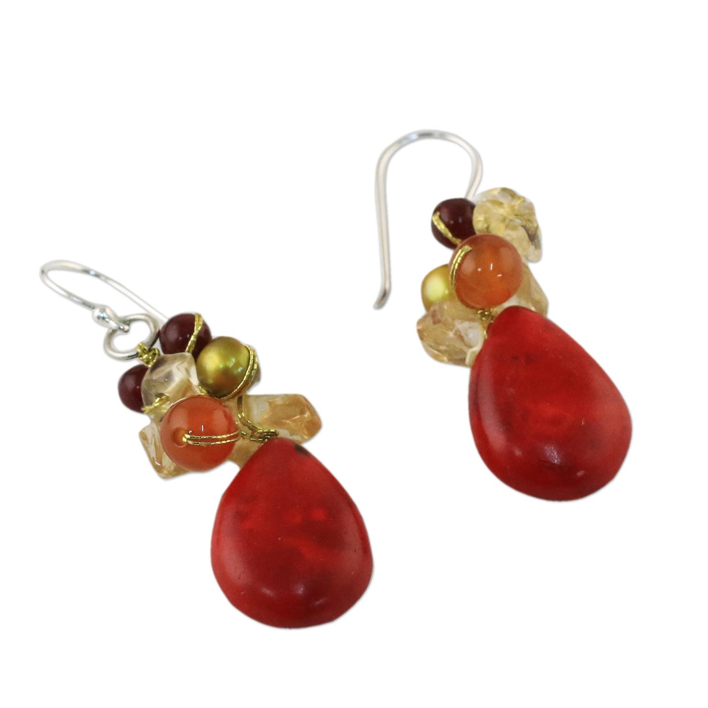 Camellia Drops Multi-Gemstone Red Calcite Dangle Earrings from Thailand