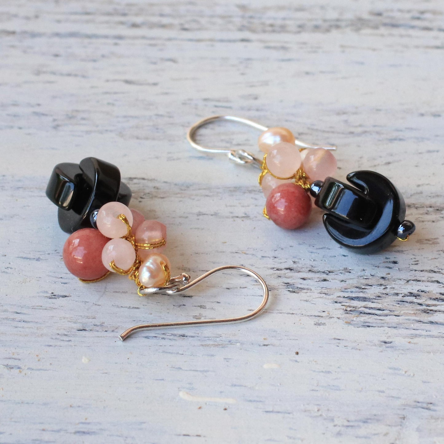 Tidal Wave in Pink Onyx Multi-Gemstone Dangle Earrings from Thailand