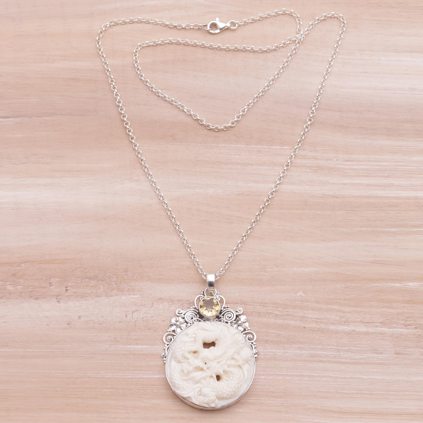 Fiery Antaboga Citrine and Bone Dragon Pendant Necklace from Bali