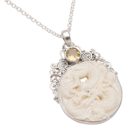 Fiery Antaboga Citrine and Bone Dragon Pendant Necklace from Bali