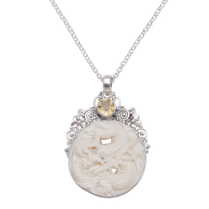 Fiery Antaboga Citrine and Bone Dragon Pendant Necklace from Bali