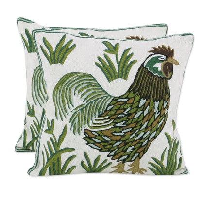 Rooster Crow Two Embroidered Cushion Covers with Roosters from India