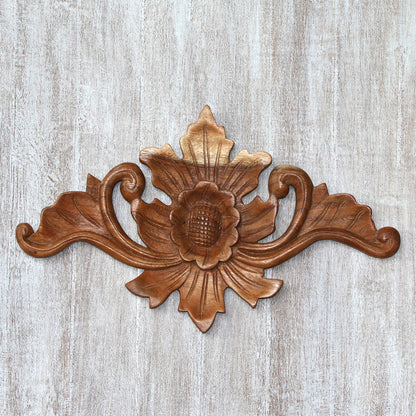 Open Flower Handcrafted Suar Wood Floral Relief Panel from Bali