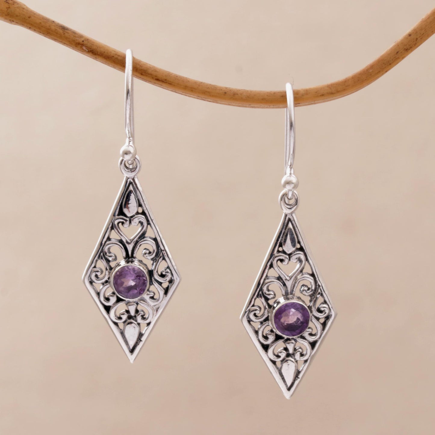 Diamond Vines Handmade Amethyst and Sterling Silver Dangle Earrings