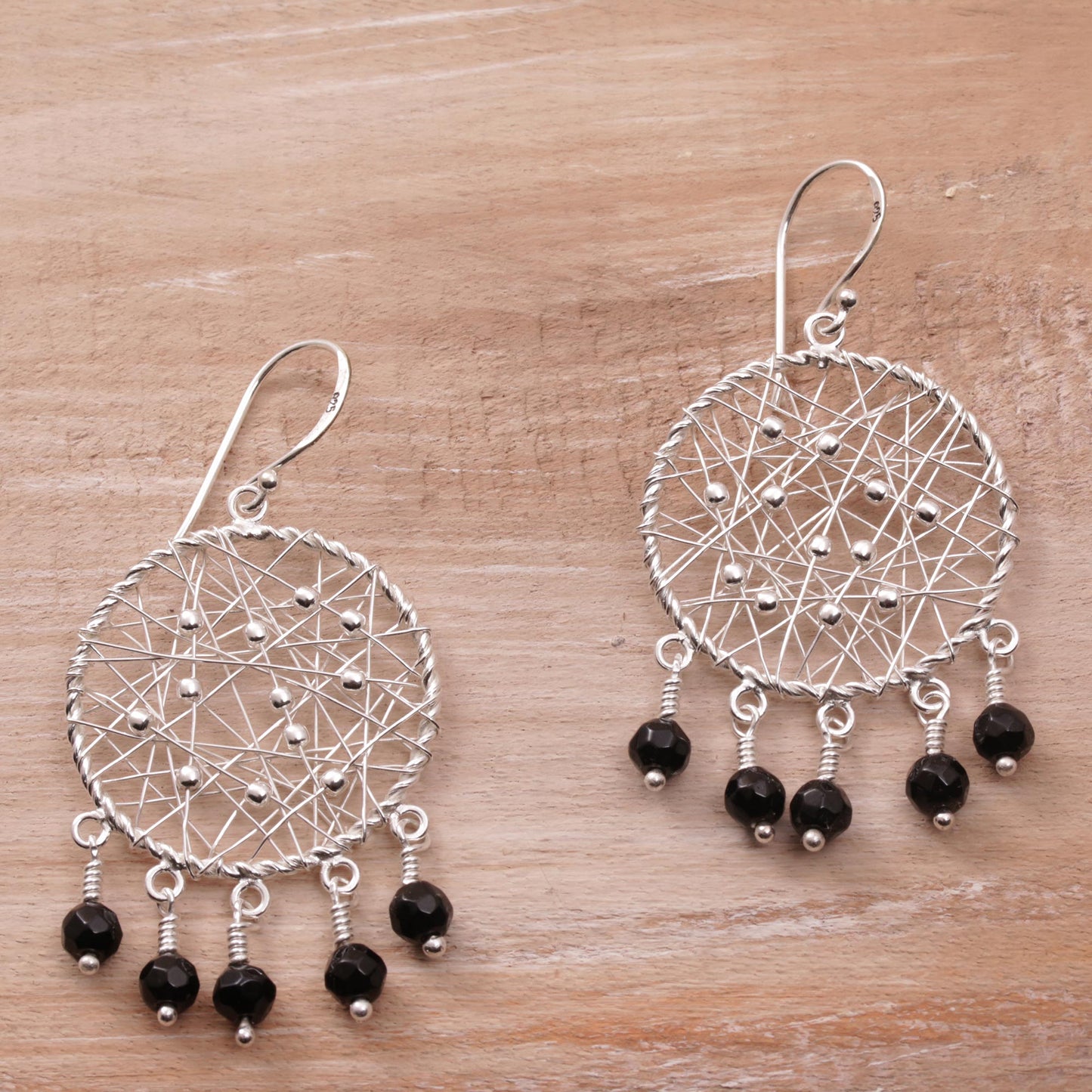 Hopeful Dreams Sterling Silver and Onyx Chandelier Earrings from Indonesia