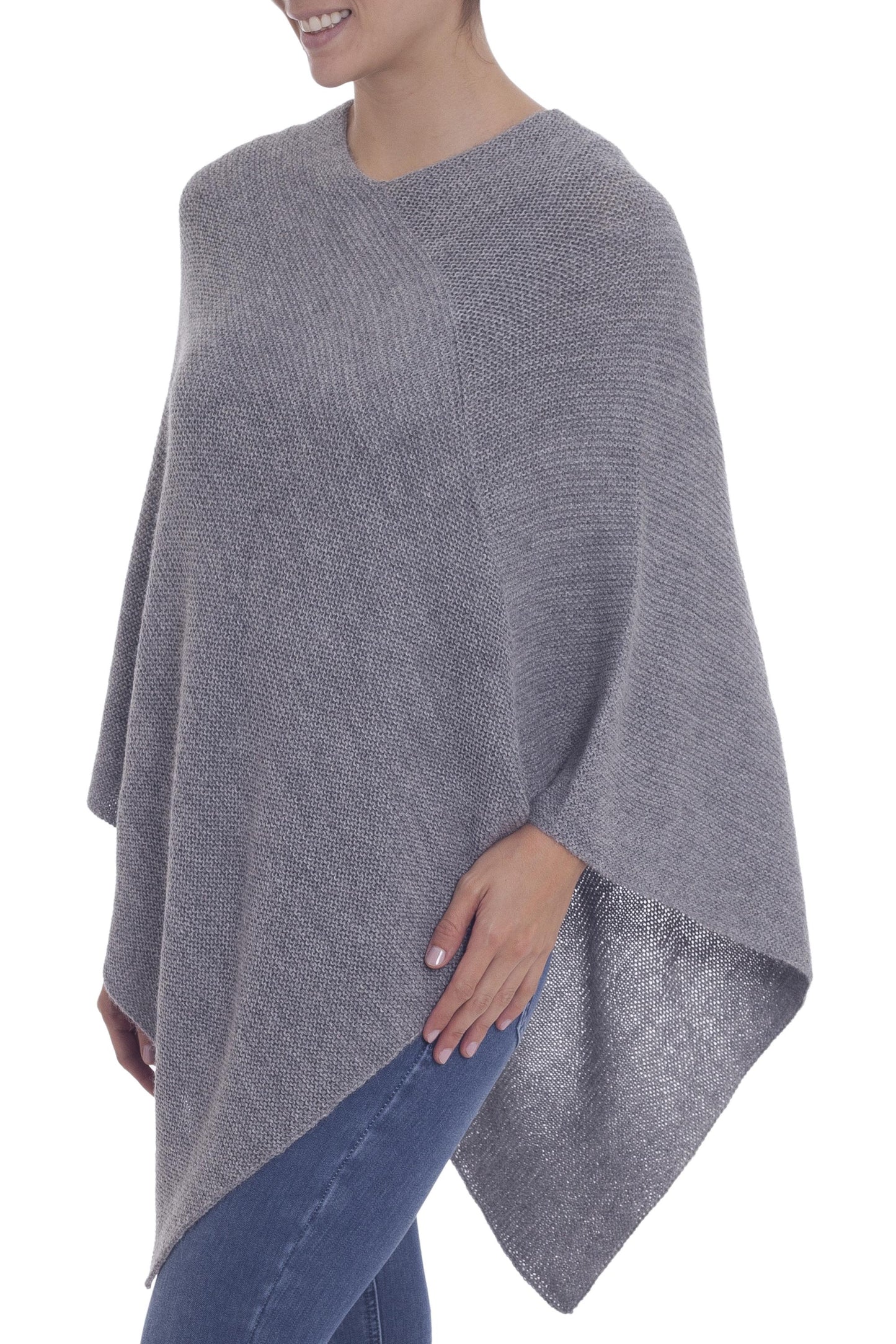 Enchanted Evening in Smoke Knit Grey 100% Alpaca Poncho from Peru