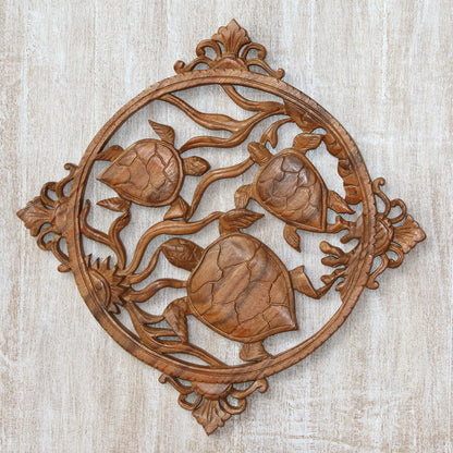 Seaweed Turtles Hand-Carved Suar Wood Turtle-Themed Relief Panel from Bali