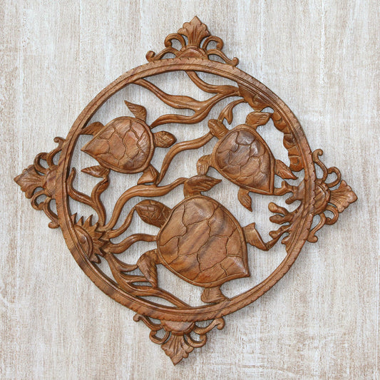 Seaweed Turtles Hand-Carved Suar Wood Turtle-Themed Relief Panel from Bali