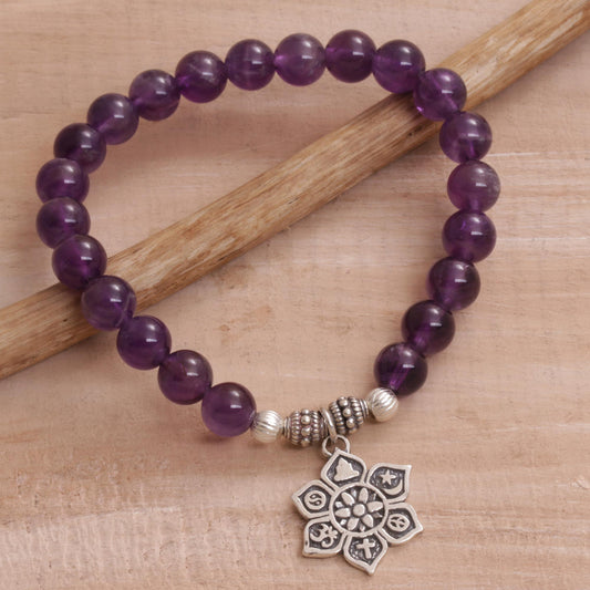 Unity Flower Amethyst Religious Beaded Stretch Bracelet from Bali