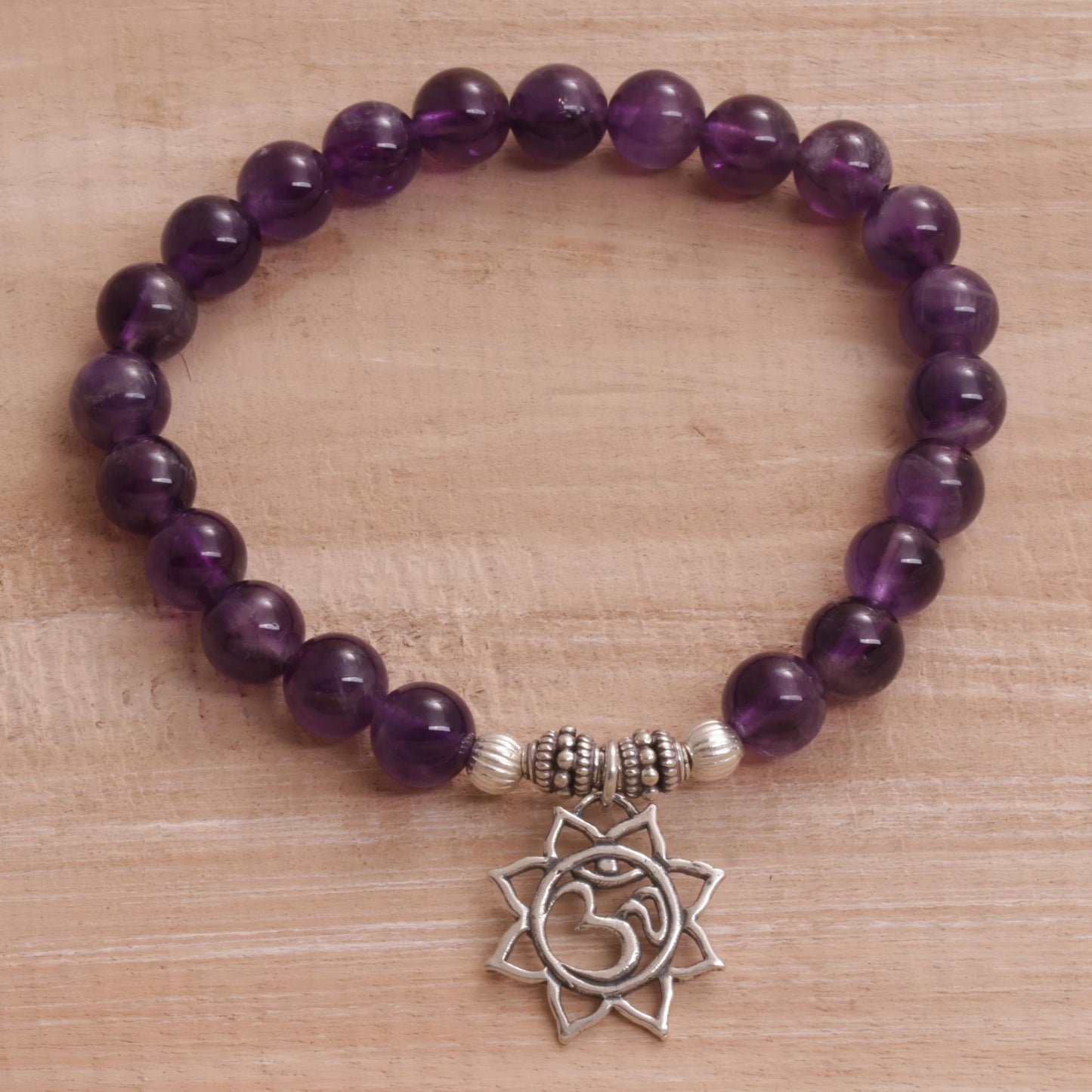 Petaled Om Amethyst Floral Beaded Stretch Bracelet from Bali