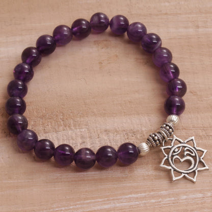 Petaled Om Amethyst Floral Beaded Stretch Bracelet from Bali