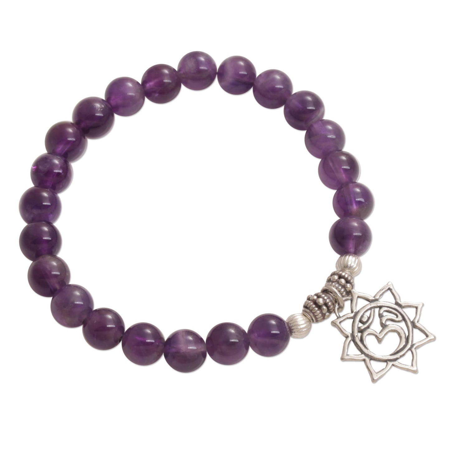 Petaled Om Amethyst Floral Beaded Stretch Bracelet from Bali