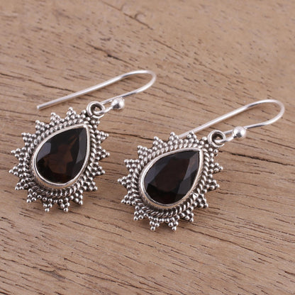 Smoky Drop Handmade Smoky Quartz and Silver Earrings from India