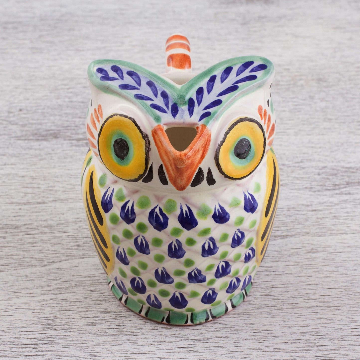 Night Bird Handcrafted Majolica Ceramic Owl Creamer from Mexico