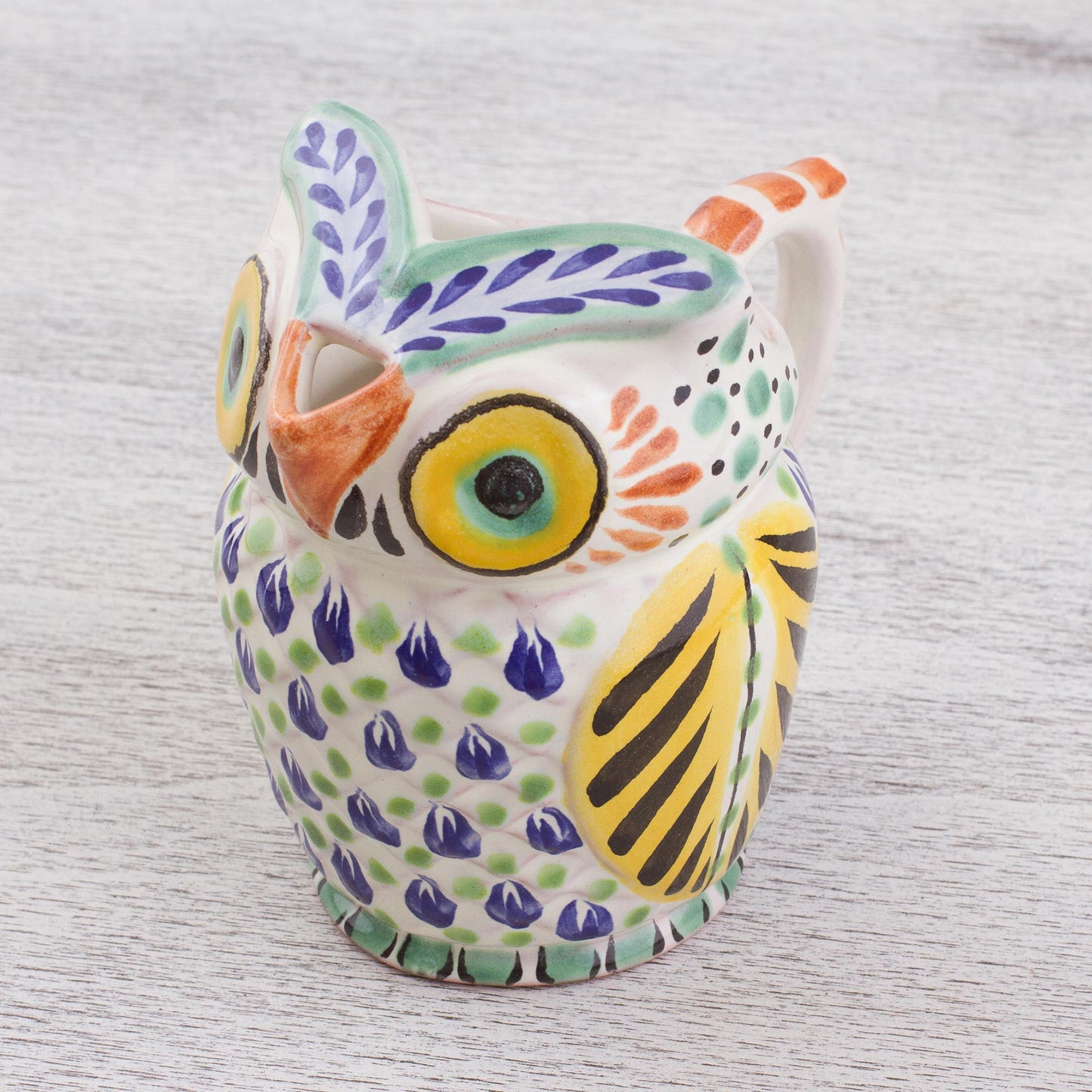 Night Bird Handcrafted Majolica Ceramic Owl Creamer from Mexico