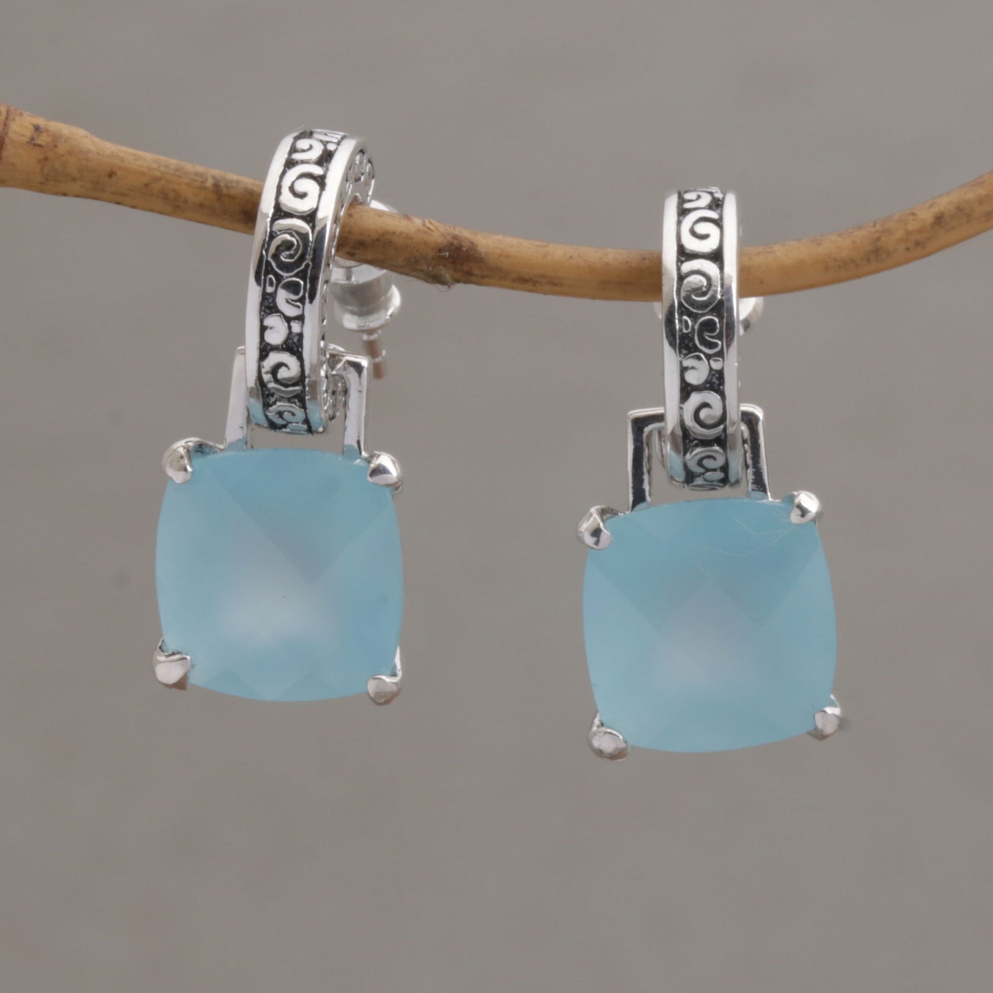 Buddha Hoops Blue Chalcedony and 925 Silver Dangle Earrings from Bali