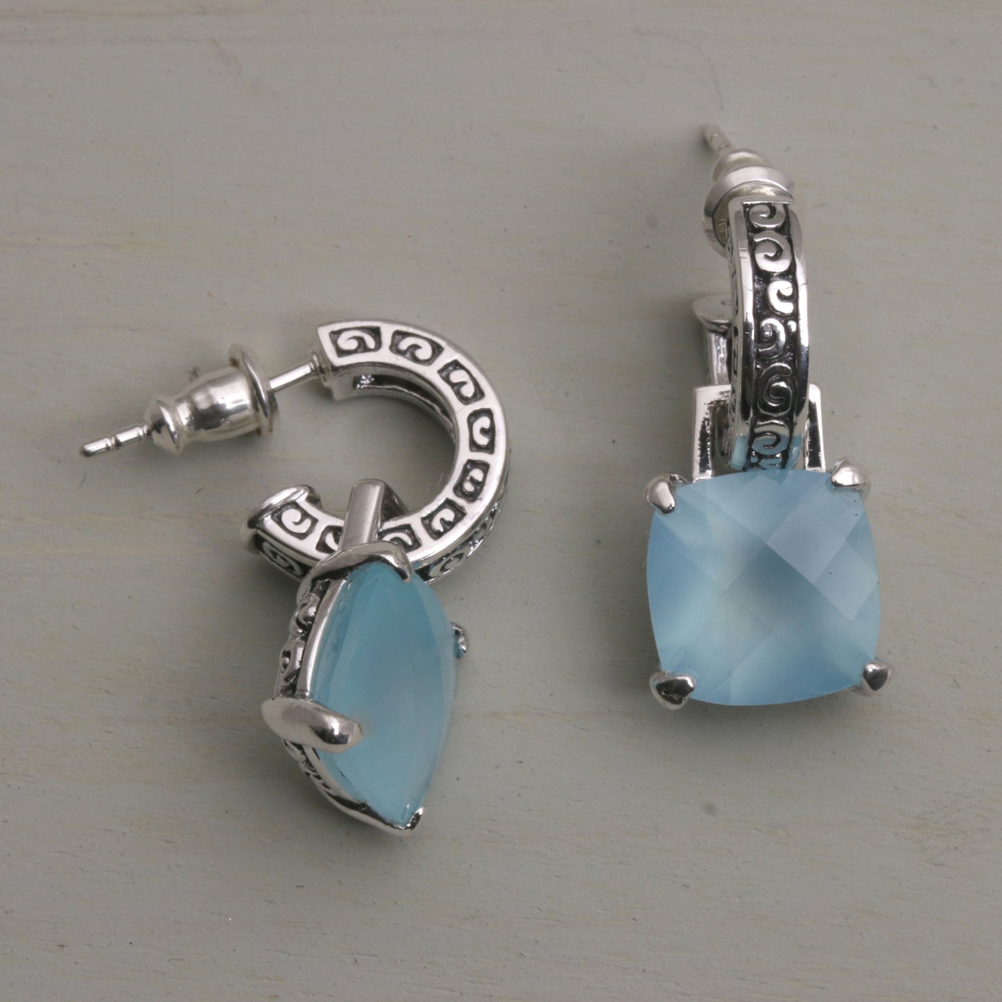 Buddha Hoops Blue Chalcedony and 925 Silver Dangle Earrings from Bali