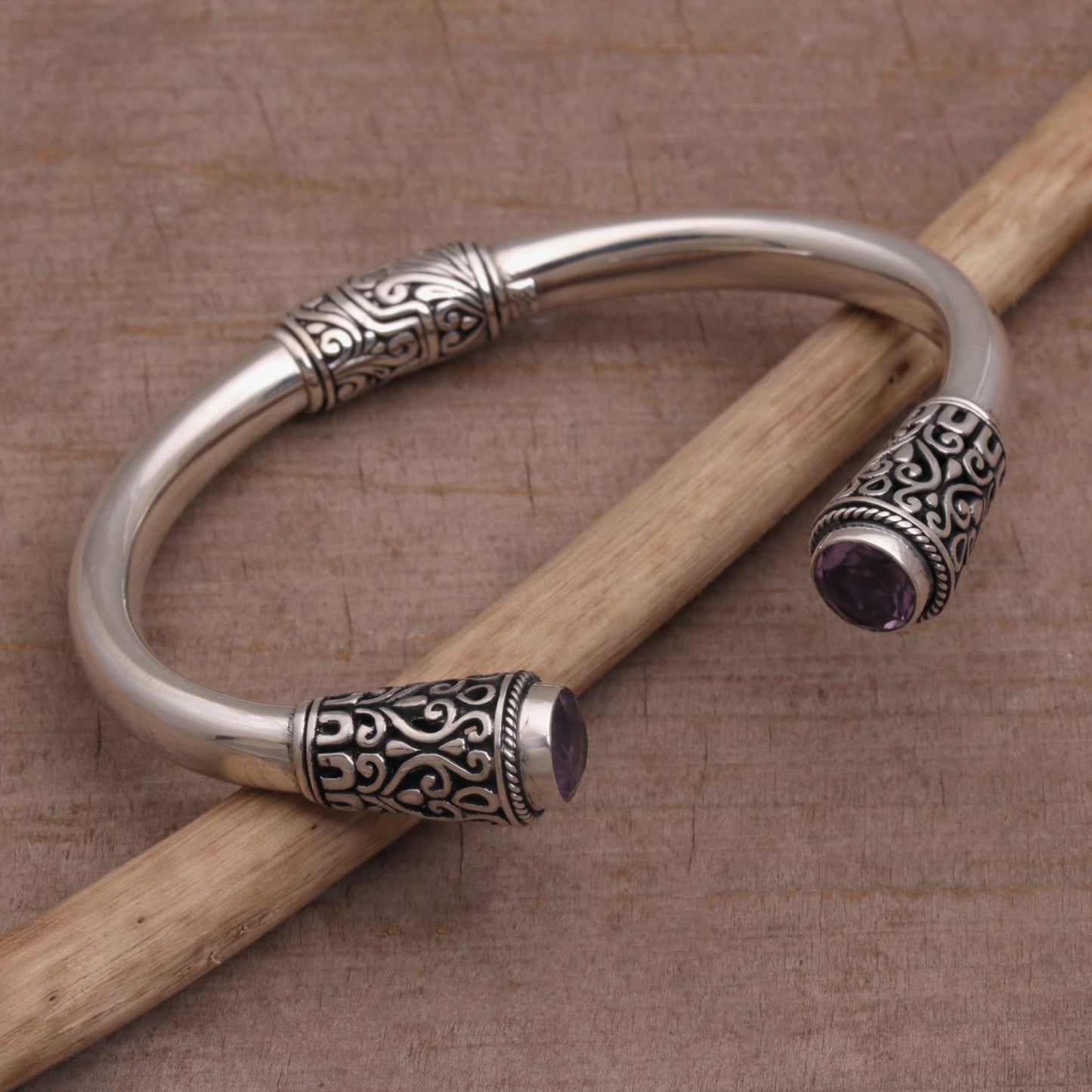 Daylight Altar Sterling Silver and Amethyst Cuff Bracelet from Bali