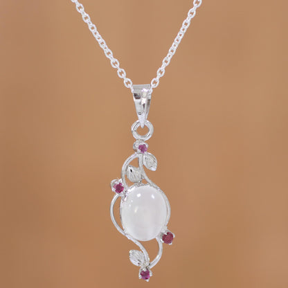 Moonlight Revel Moonstone and Ruby Sterling Silver Pendant Necklace