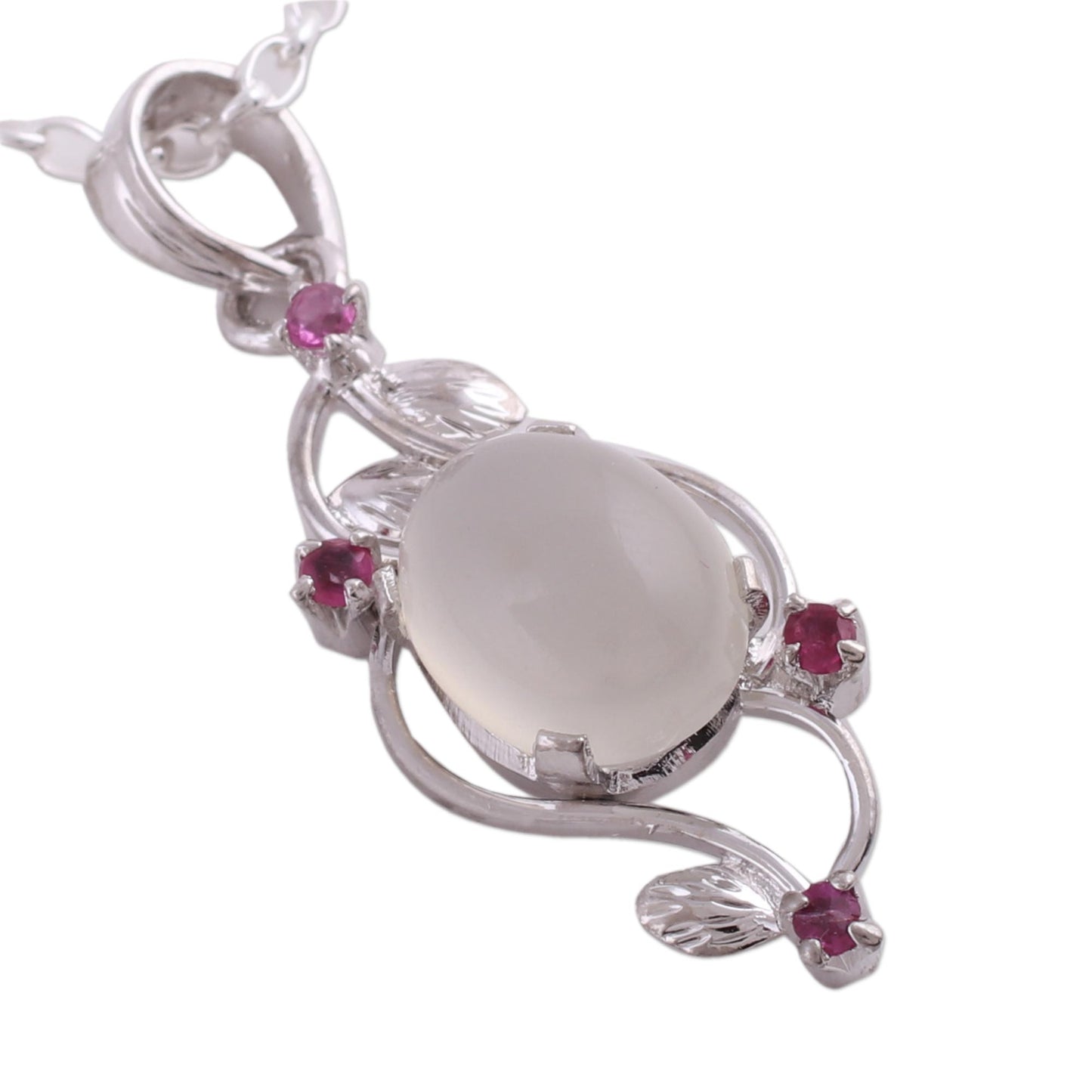 Moonlight Revel Moonstone and Ruby Sterling Silver Pendant Necklace