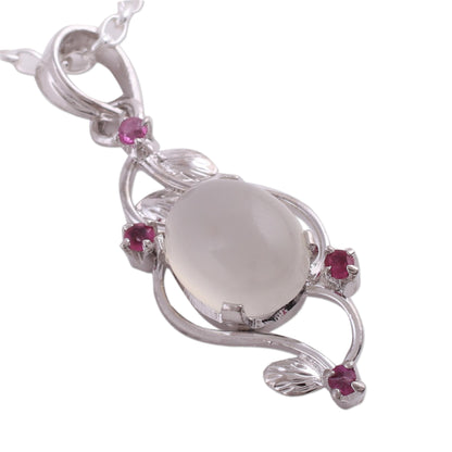 Moonlight Revel Moonstone and Ruby Sterling Silver Pendant Necklace