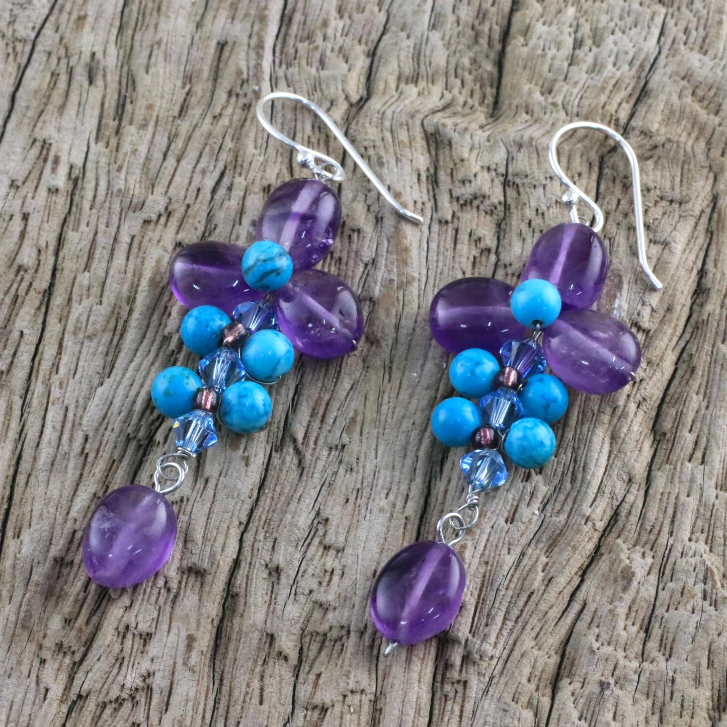 Succulent Vines Amethyst and Calcite Dangle Earrings from Thailand