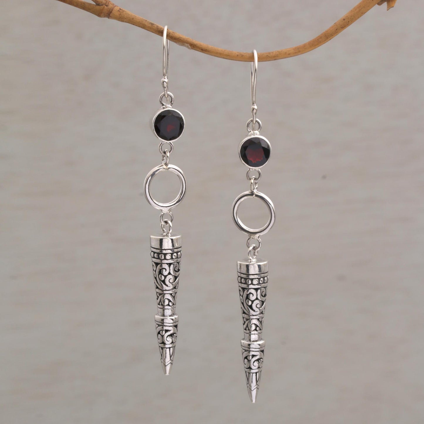 Kamasan Cones Garnet and 925 Silver Cone-Shaped Earrings from Bali