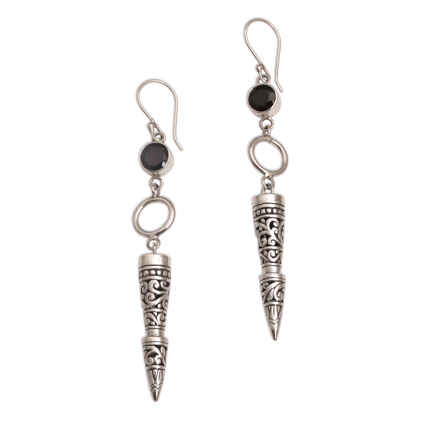 Kamasan Cones Garnet and 925 Silver Cone-Shaped Earrings from Bali