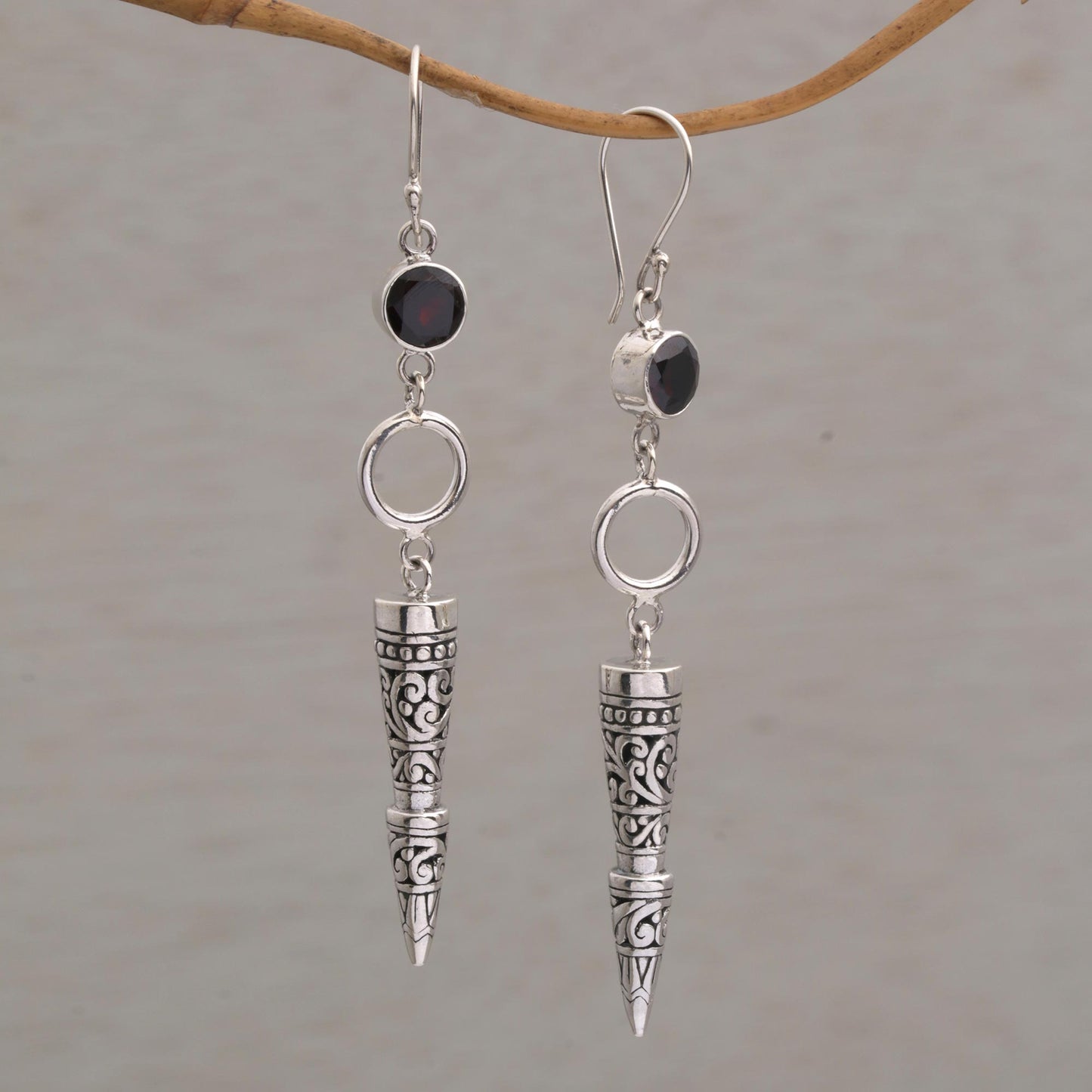 Kamasan Cones Garnet and 925 Silver Cone-Shaped Earrings from Bali
