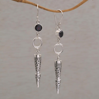 Kamasan Cones Garnet and 925 Silver Cone-Shaped Earrings from Bali