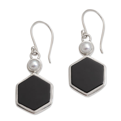 Light and Dark Hexagons Onyx and Cultured Pearl Hexagonal Dangle Earrings from Bali