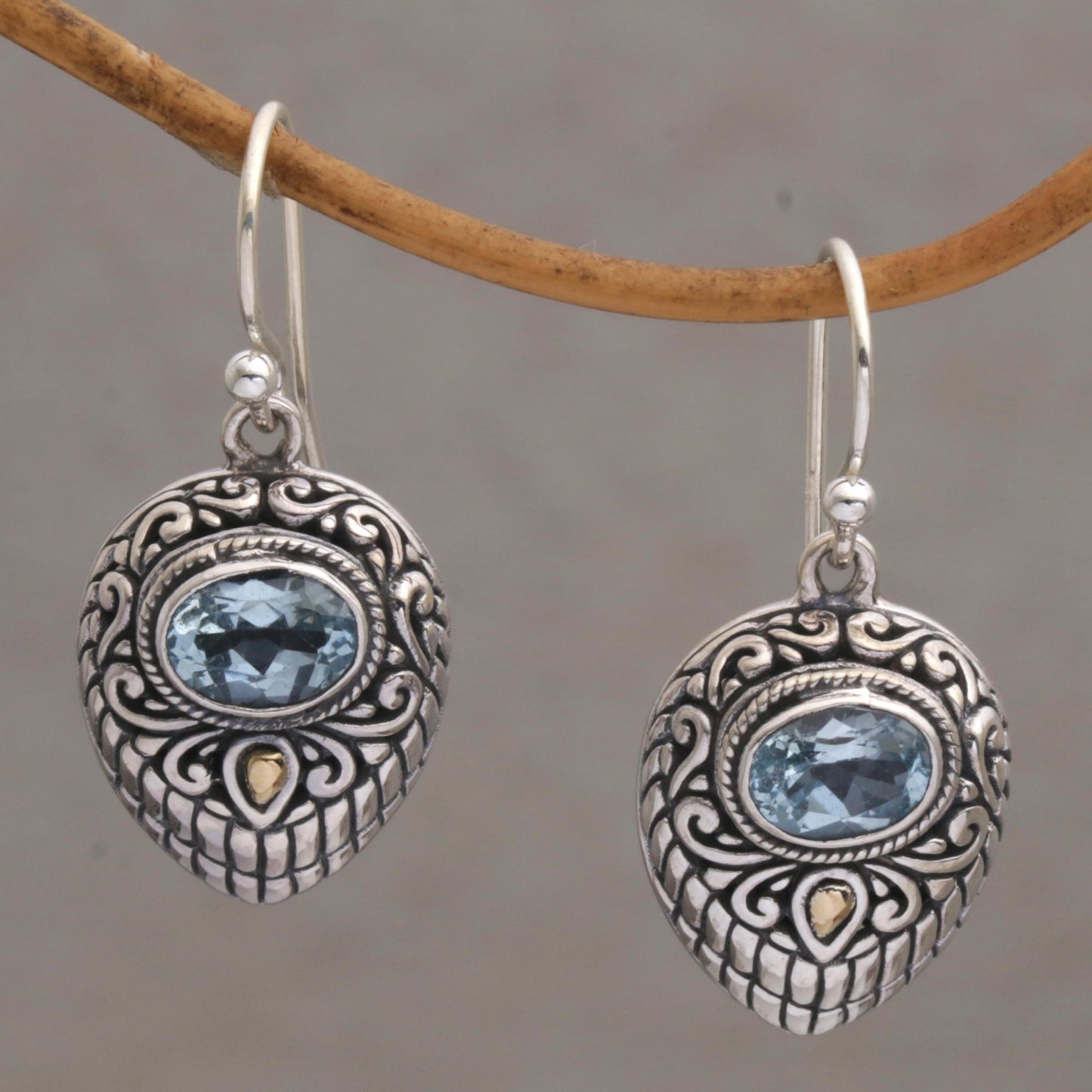 Swirling Crests Gold Accent Blue Topaz and 925 Silver Earrings from Bali