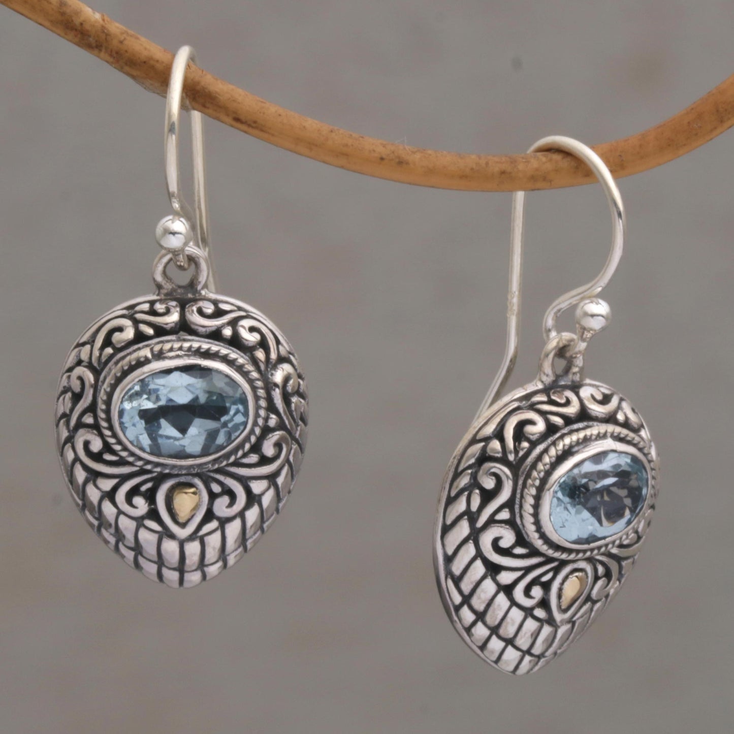 Swirling Crests Gold Accent Blue Topaz and 925 Silver Earrings from Bali