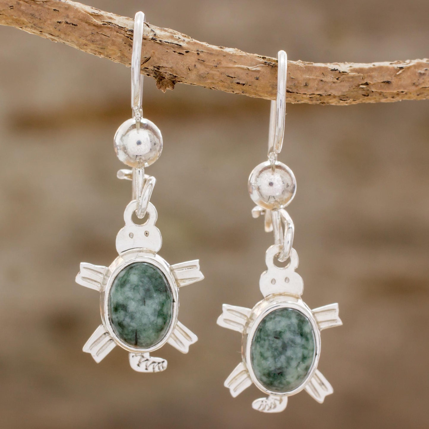 Marine Turtles in Green Green Turtle-Themed Jade Dangle Earrings form Guatemala