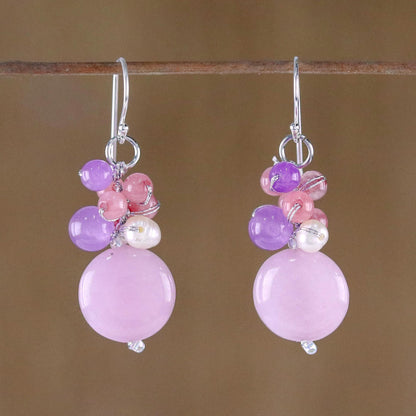 Sweet Thai Joy Handmade Purple and Pink Quartz and Pearl Cluster Earrings