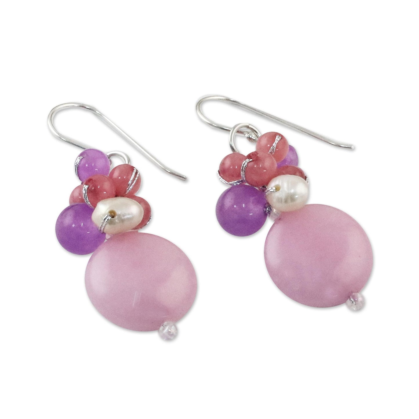 Sweet Thai Joy Handmade Purple and Pink Quartz and Pearl Cluster Earrings