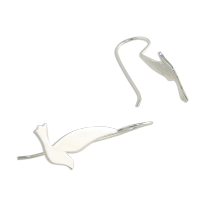 Friendly Doves Silver Satin Finish Hook Earrings