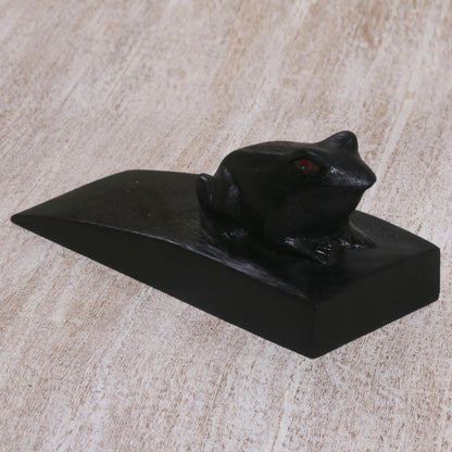 Helpful Toad in Black Handcrafted Suar Wood Toad Doorstop in Black from Bali