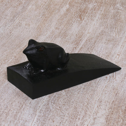 Helpful Toad in Black Handcrafted Suar Wood Toad Doorstop in Black from Bali