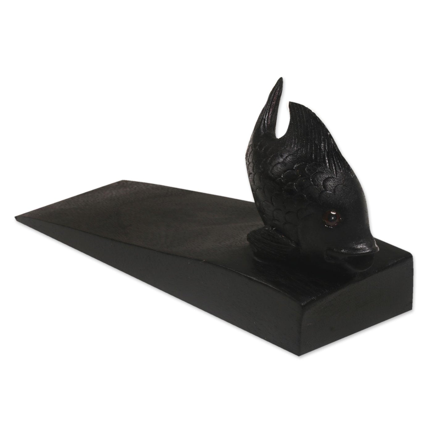 Helpful Goldfish in Black Handcrafted Suar Wood Fish Doorstop in Black from Bali