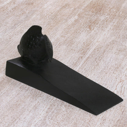 Helpful Goldfish in Black Handcrafted Suar Wood Fish Doorstop in Black from Bali